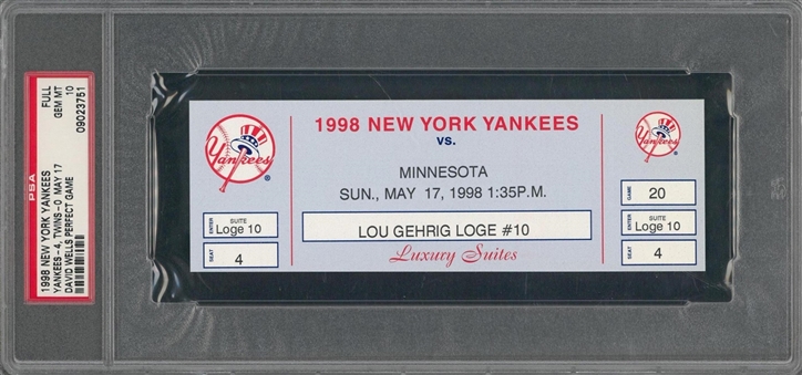 1998 David Wells Perfect Game Full Ticket 5/17/98 - Rare Lou Gehrig Loge Suite Ticket (PSA GEM MT 10)